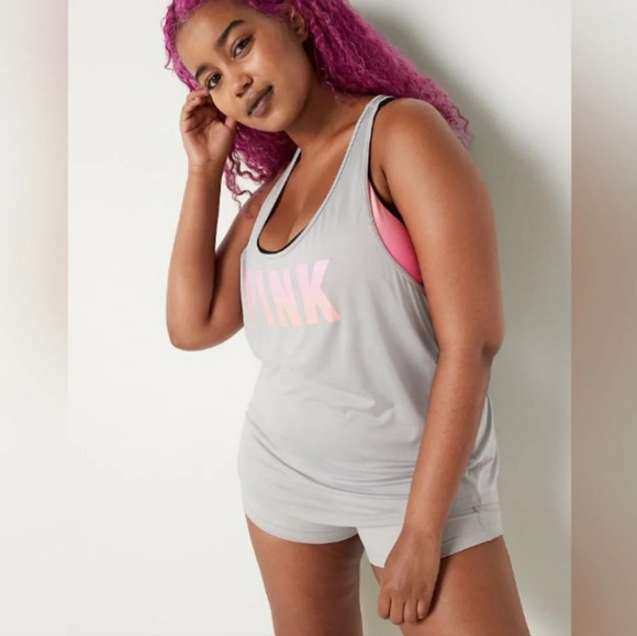 Pink Victoria's Secret Active Gray Logo Racerback Tank Top Size Women's Medium - Picture 2 of 15